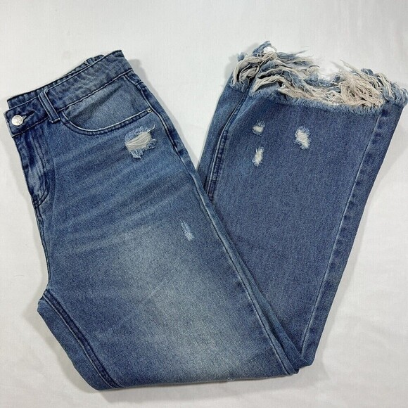 Women’s‎ Denim Jeans High Rise Flare and Wide Leg  Fray Hem Distressed Size M - Picture 1 of 12